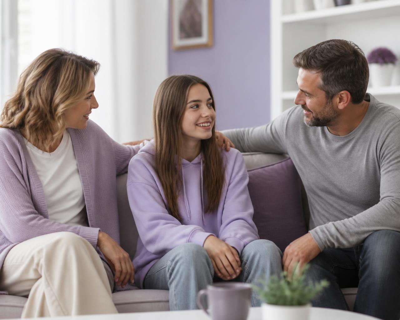 Parents and their teenage daughter talking together on a sofa in a calm, bright room
